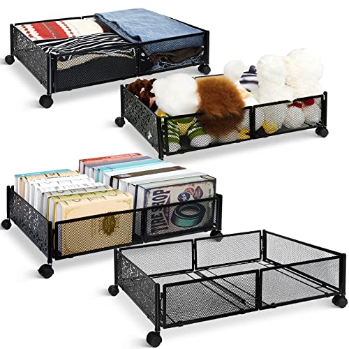 4 Pcs Under Bed Storage with Wheels, Black Rolling Under Bed Bins Drawer Foldable Under bed Containers Metal Under Bed Shoe Storage Organizer for Clothes Blankets, 16 x 24 x 6 Inch