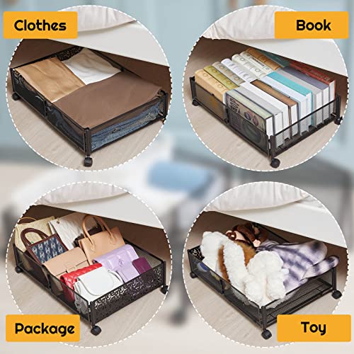 4 Pcs Under Bed Storage with Wheels, Black Rolling Under Bed Bins Drawer Foldable Under bed Containers Metal Under Bed Shoe Storage Organizer for Clothes Blankets, 16 x 24 x 6 Inch