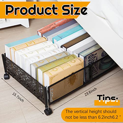 4 Pcs Under Bed Storage with Wheels, Black Rolling Under Bed Bins Drawer Foldable Under bed Containers Metal Under Bed Shoe Storage Organizer for Clothes Blankets, 16 x 24 x 6 Inch