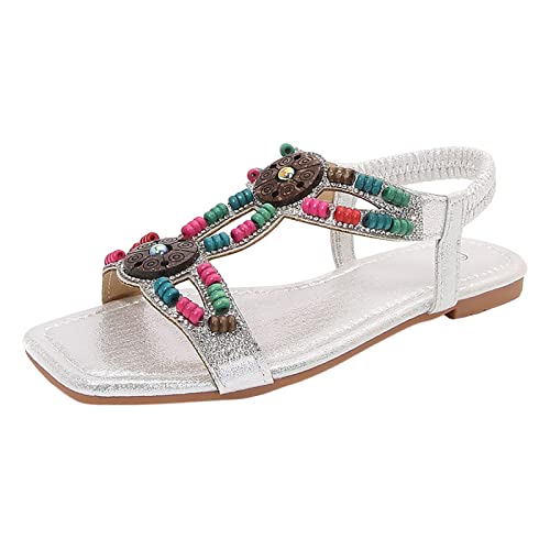 Women's Bohemia Rhinestone Flat Sandals Open Toe Elastic Ankle Casual Shoes Summer Beach Comfortable Slides (Silver, 8.5)