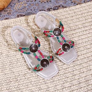 Women's Bohemia Rhinestone Flat Sandals Open Toe Elastic Ankle Casual Shoes Summer Beach Comfortable Slides (Silver, 8.5)