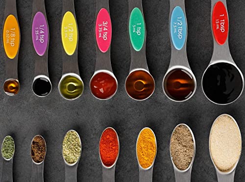 Magnetic Measuring Spoons Set of 7 Stainless Steel Stackable Dual Sided Teaspoon Tablespoon for Measuring Dry and Liquid Ingredients, Fits in Spice Jar