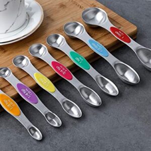 Magnetic Measuring Spoons Set of 7 Stainless Steel Stackable Dual Sided Teaspoon Tablespoon for Measuring Dry and Liquid Ingredients, Fits in Spice Jar