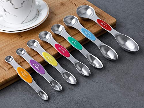 Magnetic Measuring Spoons Set of 7 Stainless Steel Stackable Dual Sided Teaspoon Tablespoon for Measuring Dry and Liquid Ingredients, Fits in Spice Jar