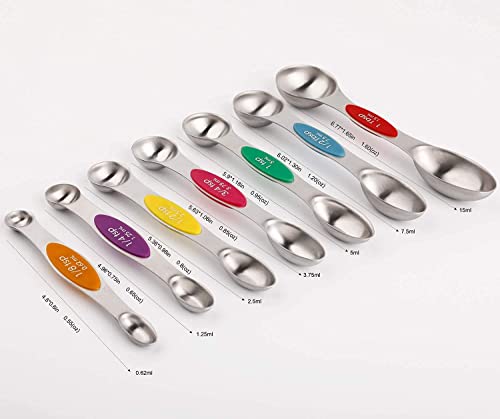 Magnetic Measuring Spoons Set of 7 Stainless Steel Stackable Dual Sided Teaspoon Tablespoon for Measuring Dry and Liquid Ingredients, Fits in Spice Jar