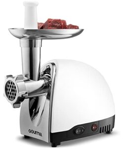 gourmia electric meat grinder 500 1000 watt max 3 stainless steel grind plates fine to coarse commercial meat grinder machine white silver meat processor electric food mill grinder for kitchen gmg525