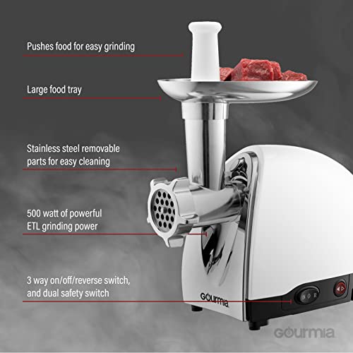 Gourmia Electric Meat Grinder 500 1000 Watt Max 3 Stainless steel grind plates fine to coarse commercial meat grinder machine white silver meat processor electric food mill grinder for kitchen GMG525