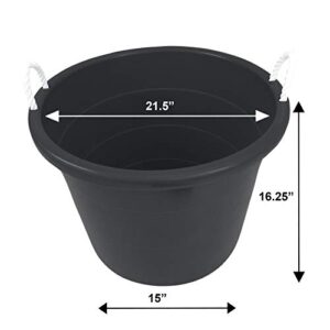 Homz Multipurpose 17 Gallon Plastic Open-Top Storage Round Utility Tub with Rope Handles for Indoor or Outdoor Home Organization, Black (2 Pack)