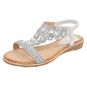 women's flat sandals summer beach sandal casual beaded elastic sandals t-strap rhinestone beaded bohemia shoes (silver, 8)