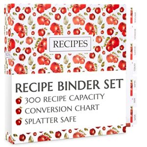 recipe binder – write 100 favorite recipes on 50 double sided blank recipe cards (8.5x11 in) w/ 50 protective sleeves & add 200 printed recipes – incl. conversion chart & 7 menu dividers