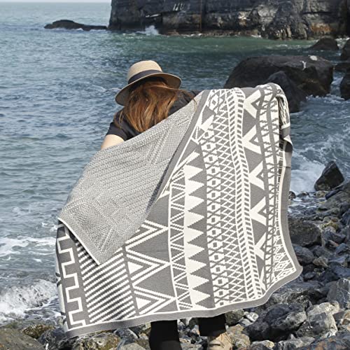 BlossoME Grey & White Knit Throws 50”*66” /Multi-Geometric Pattern Thermal Knit Throws for All-Seasons/Decorative Throw Blankets for Couch, Sofas, Beds and Gifts