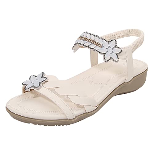 Sandals for Women Summer Flower Sandals Casual Beach Bohemian Sandals Open Toe Elastic Ankle Casual Shoes (White, 6.5)