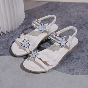 Sandals for Women Summer Flower Sandals Casual Beach Bohemian Sandals Open Toe Elastic Ankle Casual Shoes (White, 6.5)