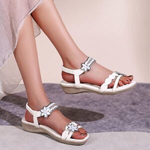 Sandals for Women Summer Flower Sandals Casual Beach Bohemian Sandals Open Toe Elastic Ankle Casual Shoes (White, 6.5)