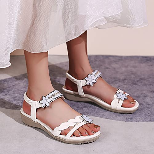 Sandals for Women Summer Flower Sandals Casual Beach Bohemian Sandals Open Toe Elastic Ankle Casual Shoes (White, 6.5)