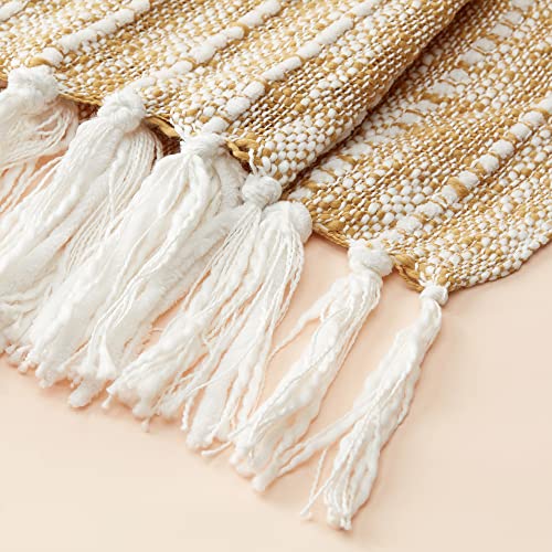 LA JOLIE MUSE Cotton Knit Throw Blanket 50 × 60 Inch -Cozy Turmeric Yellow and White Striped Woven Throw Blanket with Tassels for Couch Bedroom, Decorative Blanket Gift for Women