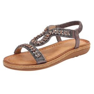 women's t-strap beaded flower rhinestone flat summer casual beaded elastic sandals sandals dress beach shoes (grey, 6.5)