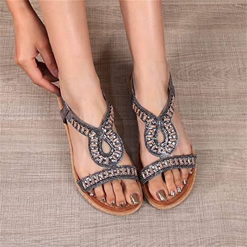 Women's T-Strap Beaded Flower Rhinestone Flat Summer Casual Beaded Elastic Sandals Sandals Dress Beach Shoes (Grey, 6.5)