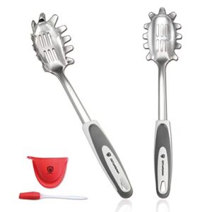 premium spaghetti spoon server set - stainless steel slotted pasta spoon and fork with comfortable grip design - ideal for serving and straining spaghetti, noodles, and more - set of 2 with bonus gift