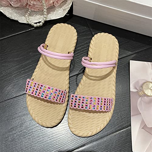 House Slippers for Women Indoor Outdoor Summer Casual Beach Boho Slippers Comfy Open Toe House Shoes (Pink, 6.5)