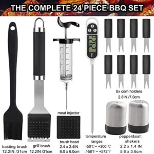 Grilljoy 24PCS BBQ Grill Tools Set with Meat Thermometer and Injector - Extra Thick Stainless Steel Fork, Spatula& Tongs - Complete BBQ Accessories in Aluminum Case - Perfect Grill Gifts for Men