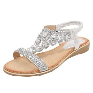 Women Rhinestone Sandals Summer Casual Beach Sandals T-Strap Buckle Bohemian Pearl Crystal Flat Sandals (Silver, 8)