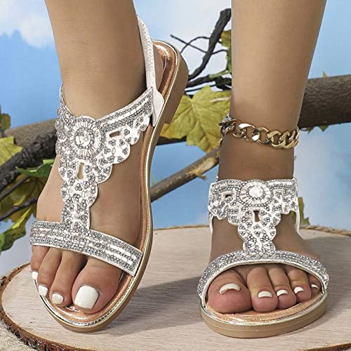 Women Rhinestone Sandals Summer Casual Beach Sandals T-Strap Buckle Bohemian Pearl Crystal Flat Sandals (Silver, 8)