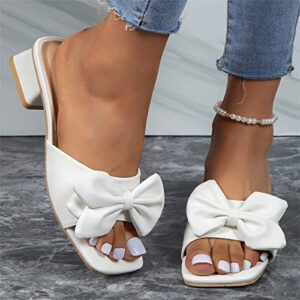 Womens Soft Casual Summer Dress Shoes House Slippers Slip On Slide Sandals Bow-Knot Open Square Toe Flat Slippers (White, 8)