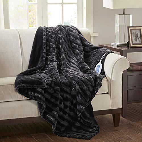 Beautyrest Duke Blanket Luxury Oversize Electric Throw Premium Soft Cozy Brushed Long Faux Fur for Bed, Couch with 3 Heat Setting Controller, Auto Shut-Off Function, Black, 50 in x 70 in