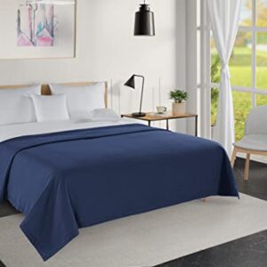 LANE LINEN Navy Blue Twin Blanket for Bed – 100% Cotton 320GSM Lightweight Soft Cozy 3-Layer Oversized Cooling Summer Throw Durable Breathable All Season Percale Weave 68”x90”