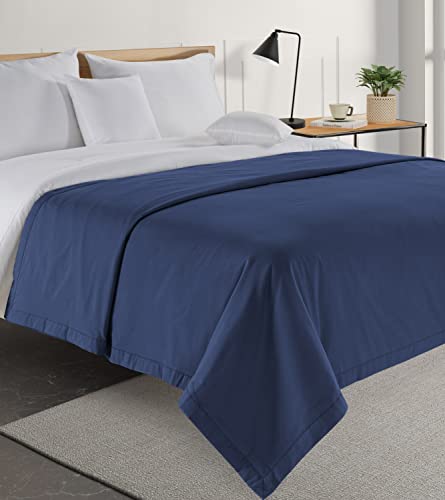 LANE LINEN Navy Blue Twin Blanket for Bed – 100% Cotton 320GSM Lightweight Soft Cozy 3-Layer Oversized Cooling Summer Throw Durable Breathable All Season Percale Weave 68”x90”