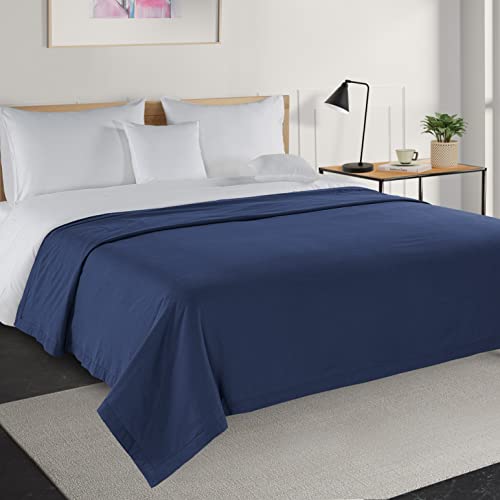 LANE LINEN Navy Blue Twin Blanket for Bed – 100% Cotton 320GSM Lightweight Soft Cozy 3-Layer Oversized Cooling Summer Throw Durable Breathable All Season Percale Weave 68”x90”