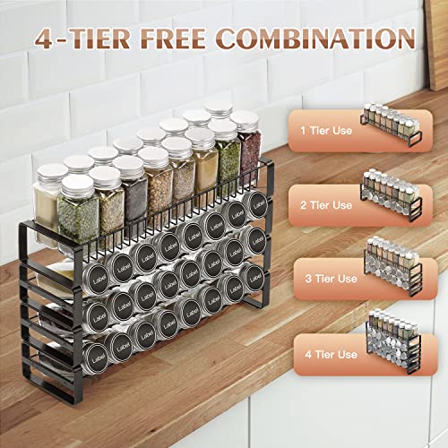 JONYJ Spice Rack Organizer for Cabinet, 4 Tier Stackable Seasoning Rack Organizer, Detachable Countertop Spice Rack, Freestanding Spice Jar Organizer, Black Frosted Iron Kitchen Counter Shelf