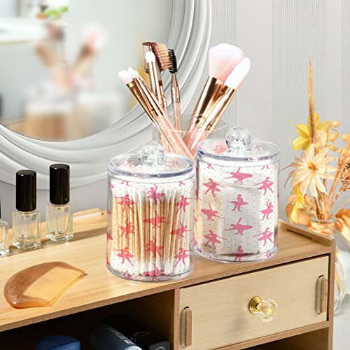 KEEPREAL Pink Ballerina Qtip Holder Dispenser with Lids, 4PCS Plastic Food Storage Canisters, Apothecary Jar Containers for Vanity Organizer Storage