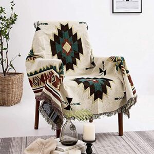 aivia southwest throw blanket for couch bed, cotton woven southwestern navajo throws tapestry cover for living room chair sofa decorative w/boho fringe - off white green burgundy red, 50" x 60"