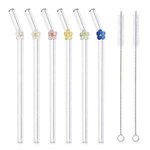 6 pcs reusable glass straws with 2 cleaning brushes, cute colorful flower glass straws shatter resistant, reusable straws dishwasher safe for smoothies, milkshakes, juices, teas