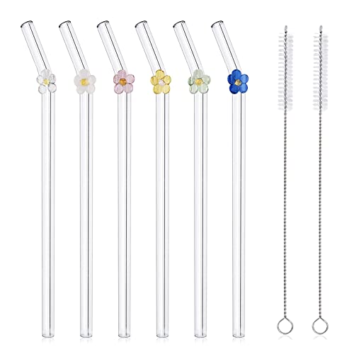 6 Pcs Reusable Glass Straws with 2 Cleaning Brushes, Cute Colorful Flower Glass Straws Shatter Resistant, Reusable Straws Dishwasher Safe for Smoothies, Milkshakes, Juices, Teas