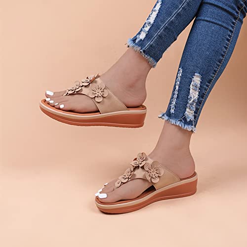 Ladies Fashion Summer Leather Flower Decorative Clip Toe Slope Heel Slippers Womens Summer Sandals Under 10 (Brown, 8)