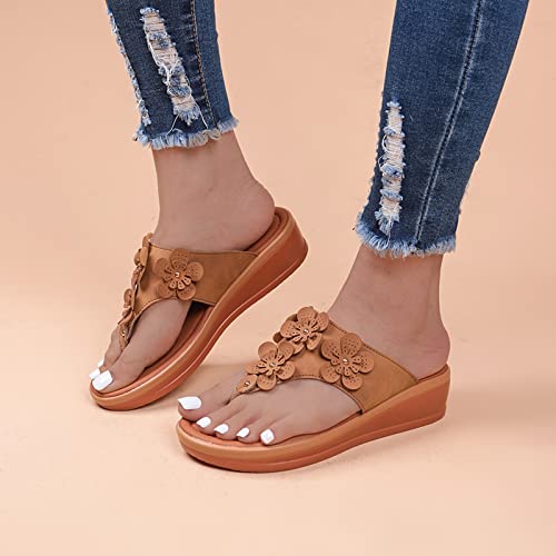 Ladies Fashion Summer Leather Flower Decorative Clip Toe Slope Heel Slippers Womens Summer Sandals Under 10 (Brown, 8)