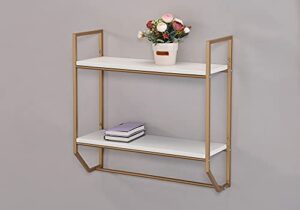 raamzo 2-tier metal industrial 23.7" wide bathroom shelves wall mounted, wall shelf over toilet, towel rack with towel bar, utility storage shelf rack in white finish and gold frame