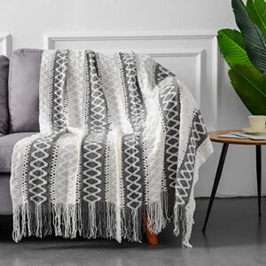 Quinnsus Knit Throw Blanket for Bed, Soft Lightweight Decorative Bed Throw Blankets, Jacquard Textured Boho Summer Throw Blanket with Tassels for Bed, Sofa and Living Room (Grey, 50 x 60 inches)