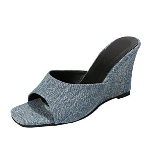 ladies fashion summer solid denim square toe open toe slope heel thick soled sandals women's walking sandals (light blue, 8)