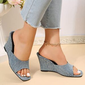 Ladies Fashion Summer Solid Denim Square Toe Open Toe Slope Heel Thick Soled Sandals Women's Walking Sandals (Light Blue, 8)