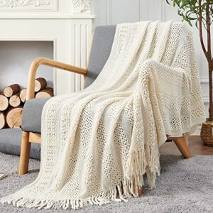 jinchan knit throw blanket ivory soft couch throw blanket with tassels spring bed throw blanket indoor outdoor travel warm coverlet for sofa comforter living room decor nursery gift 50 x 60 inch