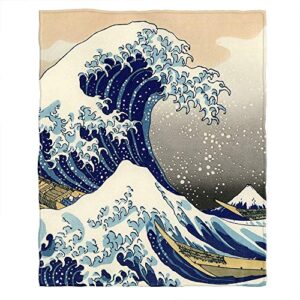 moslion soft cozy throw blanket japanese the great wave off kanagawa pattern fuzzy warm couch/bed blanket for adult/youth polyester 50 x 60 inches(home/travel/camping applicable)