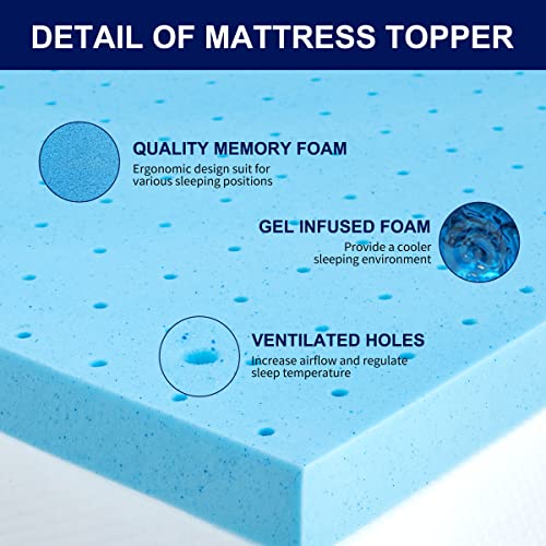 subrtex 2 Inch Memory Foam Mattress Topper Ventilated Gel Infused Bed Foam Topper, CertiPUR-US Certified, Queen, Blue