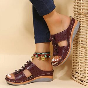 Ladies Fashion Retro Solid Leather Flower Decorative Open Toe Thick Sole Sandals Summer Sandals for Women (Wine, 8)