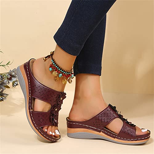 Ladies Fashion Retro Solid Leather Flower Decorative Open Toe Thick Sole Sandals Summer Sandals for Women (Wine, 8)