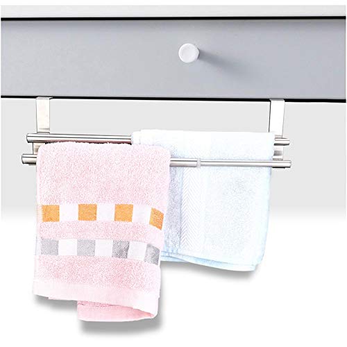 Hztyyier Towel Bar Stainless Steel Double Layers Telescopic Towel Holder Rack for Hanging on Cabinet and Drawers, Thickness Less Than 0.79 Inch