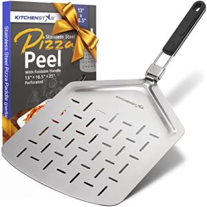 kitchenstar perforated stainless steel pizza peel with folding handle (13 x 16.5 inches) for oven pizza turning, placement and retrieving - professional baking tools series